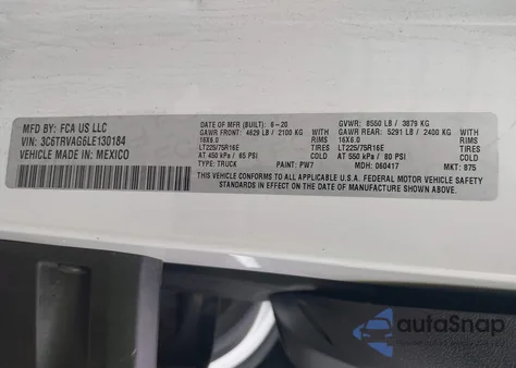 2020 Ram Promaster 1500 Low Roof 136 Wb from USA, damaged, VIN 3C6TRVAG6LE130184